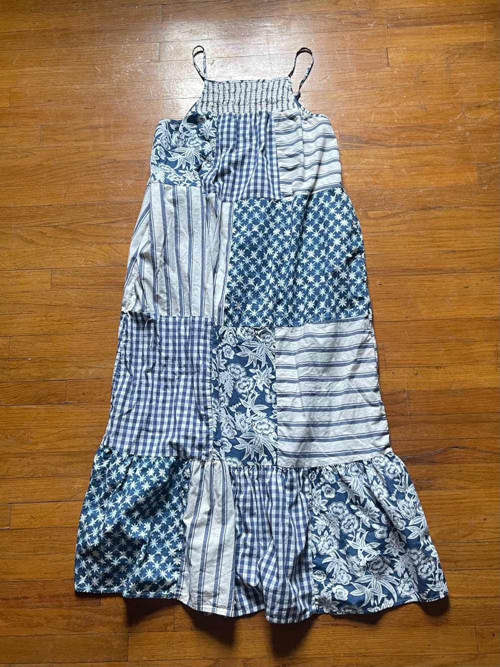 Universal Thread Blue White Patchwork Smocked Cottagecore  Maxi Sundress M
